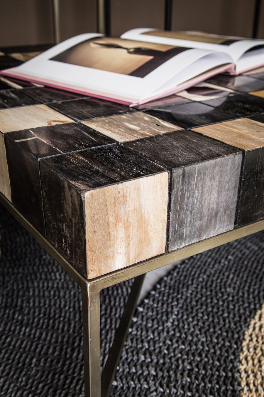 Square Petrified Laminate coffee table with iron gold leg